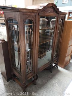 Antique Oak Mirrored Rolling Curio Cabinet