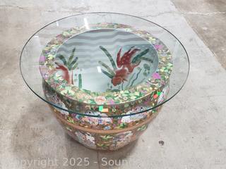 Large Porcelain Painted Chinese Pot w/Glass Top Repurposed into a Table
