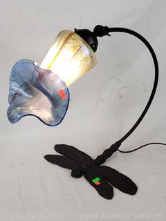 Art Nouveau Bronze Dragonfly Table Lamp w/Art Glass Shade