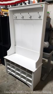 White Finish Hall Tree Coat Rack & Shoe Cubby Bench