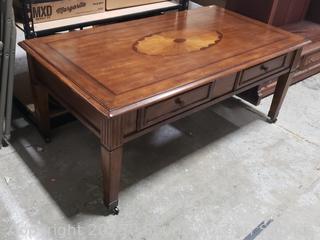 Medium Finish 2-Drawer Coffee Table w/Brass Casters