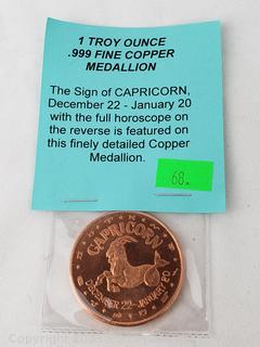 1 Troy Ounce Capricorn .999 Fine Copper Medallion