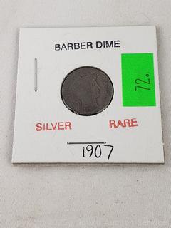 1907 90% Silver US Barber Dime