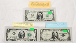 1963B Scarce Barr $1 Note, 1957B $1 Silver Cert., 1976 Bicentennial $2 Note