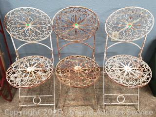 3 Rustic Steel Filigree Folding Chairs