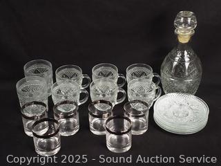 Decanter, Assorted Glasses, Cups, Saucers