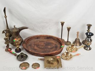 Assorted Brass Candleholders, Arabic Coffee Pot, Bell, Vase