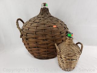 2 Wicker Woven Wrapped Glass Bottles
