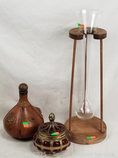 Leather Wrapped Decanter, Metal Wrapped Glass Jar, Half Yard Beer/Ale Glass w/Stand
