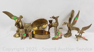 Assorted Brass Animal Figures & Shell Trinket Box