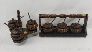 2 Carved Wood Condiment Service Sets