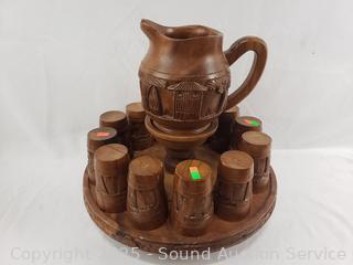 Carved Wood Lazy Susan Punch Pitcher & Cup Set