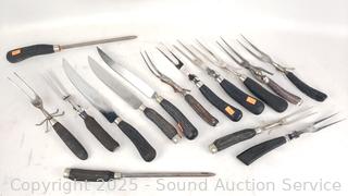 Assorted Vintage Stag Handle Carving Knife, Fork & Honing Rod Sets
