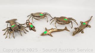 6pc Brass Crab, Crocodiles, Lobster, Shark Figures