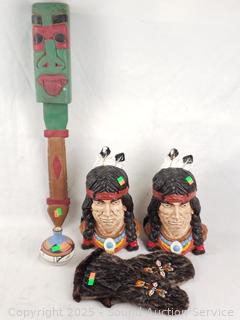 Native Busts, Pottery Pot, Wood Rattle, Beaded Fiur Mittens