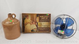 Painted Stoneware Whiskey Crock, Metal Fan, Vtg. Barber Kit