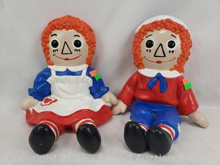 Signed Hand Painted 1974 Ceramic Raggedy Anne & Andy Figures