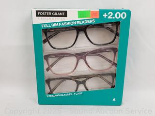 3 Foster Grant Full Rim Fashion +2.0 Reading Glasses w/1 Case