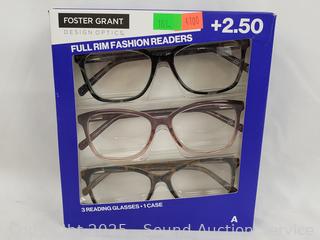 3pk Foster Grant +2.5 Full Rim Fashion Readers w/1 Case