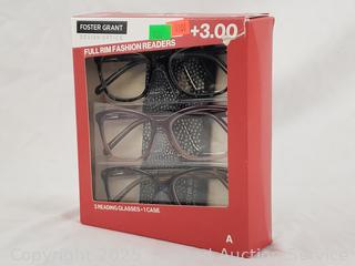 3 Foster Grant Full Rim Fashion +3.0 Reading Glasses w/1 Case