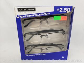 3 Foster Grant +2.5 Half Rim Metal Readers w/1 Case