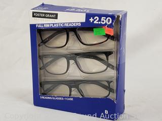3 Foster Grant +2.5 Full Rim Plastic Readers w/1 Case