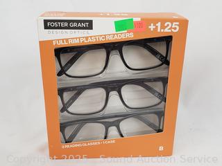 3pk Foster Grant +1.25 Full Rim Fashion Readers w/1 Case