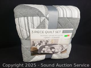 3pc Reversible Origami Patchwork Queen Quilt Set