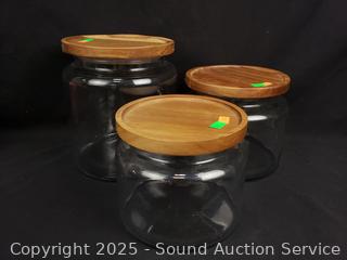 3 Glass Jars/Canisters w/3 Wood Lids