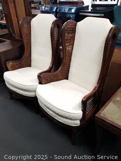 2 Ivory Upholstered Cane Wing Back Accent Chairs
