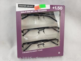 3 Foster Grant +1.5 Half Rim Metal Readers - NO Case