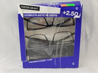 3 Foster Grant +2.5 Flexible Plastic Readers w/1 Case