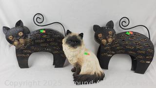 2 Metal Art Cats & Composite Handcrafted Himalayan Cat Figure