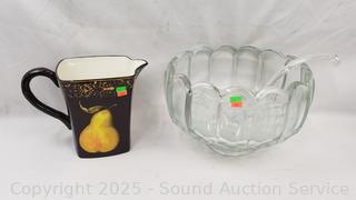 Thick Glass Punch Bowl w/Ladle & Pear Pitcher
