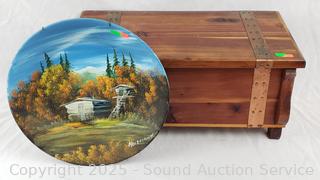 Signed Painted Gold Pan & Cedar Wood Chest