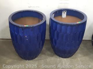 2 Large Blue Pottery Planter Pots