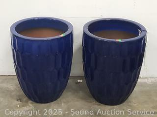 2 Large Blue Pottery Planter Pots