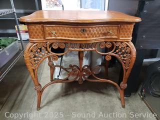Single Drawer Oak Wicker Woven Accent Table 