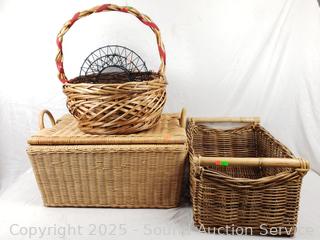 Hanging 3-Tier Basket & 3 Wicker Woven Baskets 