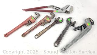 3 Pipe Wrenches, 2 Adjustable Wrench, Channel Locks 