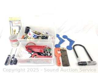 2 Totes w/Door Handle Sets, Bike Lock, Re-Key Kit, Assorted Tools