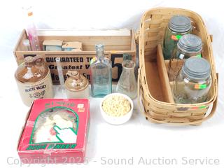 Assorted Bottles, Jugs, Canning Jars, Basket, Etc