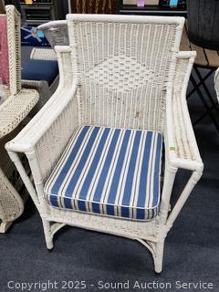 Vintage White Wicker Armchair w/Striped Cushion