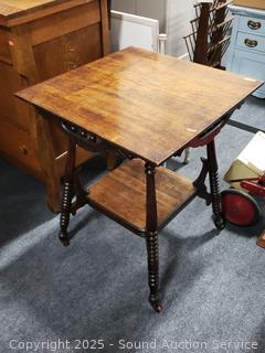 Vintage Oak 2-Tier Parlor Table w/Spindle Turnings & Wood Casters 