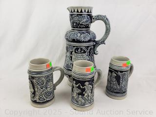 West Germany Stoneware Alt-Grenzau Pitcher & 3 Mugs