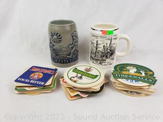Assorted Vintage Bar Coasters & 2 0.5L German Mugs