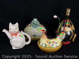 2 Decanters, Cat Pitcher, Ceramic Hen on Nest