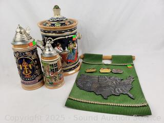German Steins, Wandering Club Pins, States Hiking Medals, Canister