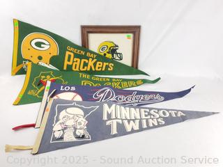 4 Vintage Sports Pennants & Green Bay Packers Needlepoint Artwork