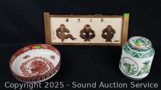 Hear/See/Speak No Evil Monkey Carving, Chinese Bowl & Urn
